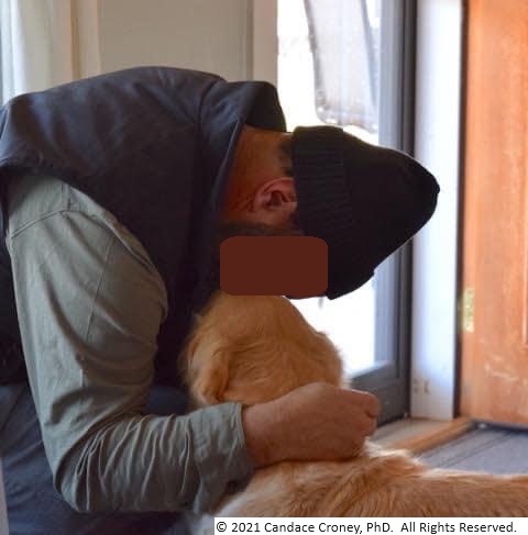 a man kisses a golden retriever